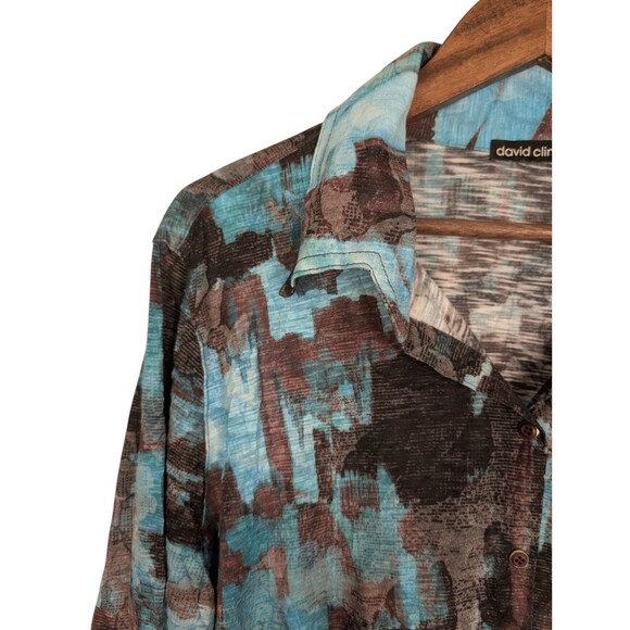 David Cline Blue Brown Abstract Roll Tab Snap Front Top Shirt Size Medium - Picture 5 of 10